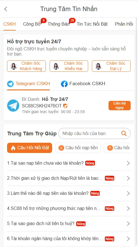 Trung tâm tin nhắn hỗ trợ khách hàng SC88 hoạt động 24/7